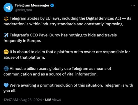 Telegram Says It Abides by EU Laws After CEO Detained in France.